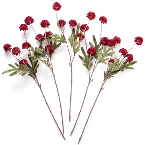 Laelfe Artificial Kiku Flower Wind Red- 5 Pcs Fake Pompon Mums Silk Small Chrysanthemum Faux Ball Fall Flower Stem Decor for Wedding Filler DIY Bouquet Centerpieces Arrangements Shower (Dark Red) - color: Dark Red