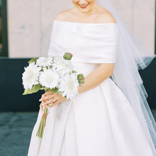 IPOPU Artificial Sunflower Bouquet with Long Stems Fake Silk Sunflowers Bouquet with 5 Heads Faux Sunflower for Wedding Party Home Office Decoration Dining Table Centerpiece (White1 Bunches) - color: White