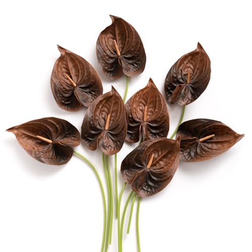 Ling's moment Anthurium Artificial Flowers, 8pcs Faux Anthurium Stems, PU Foam Greenery Plant for DIY Wedding Bouquets Centerpieces Arrangements Bridal Shower Party Home Decorations, Brown - color: Brn-brown