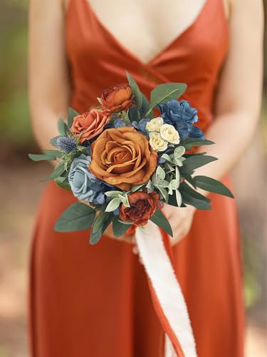 Rinlong Navy Terracotta Bridesmaid Bouquet, Fall Wedding Bouquets | Bridal Bouquet, Prom, Homecoming, Destination Friendly - color: 02-navy & Terracotta