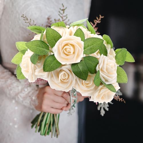 50 Pcs Artificial Foam Rose Flower Faux Bouquet Wedding Fake Rose Gift for Mother's Day Women DIY Bridal Shower Party Table Birthday Home Spring Decor (Champagne) - color: Champagne
