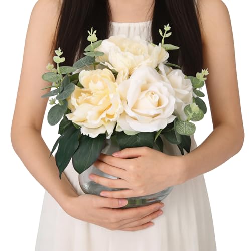 Lifelike Artificial Flower Arrangements with 4 Roses + 4 Peonies in Glass Vase with Faux Water for Wedding & Home Table Centerpieces - color: Peony & Rose With Faux Water, size: Champagne