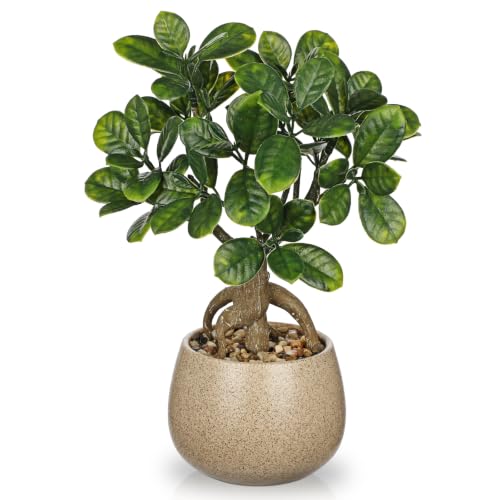 Artificial Bonsai Tree Fake Small Bay Plant with Ceramic Pot Indoor Bonsai | 13.7" Faux Plants Indoor Small Artificial Plants in Pots Fake Potted Desk Plant for Bathroom Office Table Shelf Zen Decor - color: Green Bay&brown Speckled Matte Pot