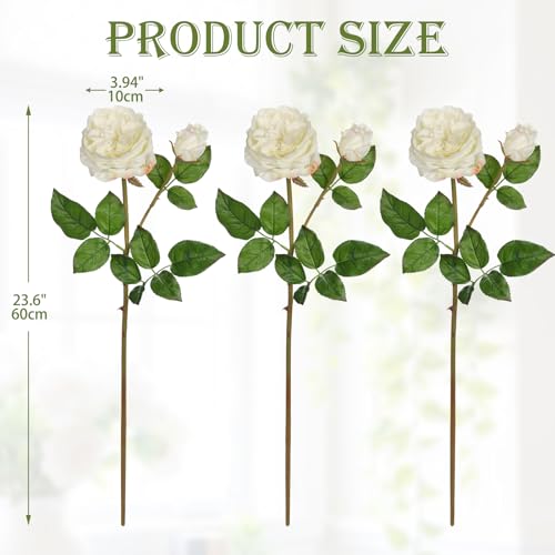 Real Touch Artificial Roses (Set of 3) – 23.6" Long Stem White Garden Roses – Lifelike Faux Silk Flowers for Wedding Bouquets, Home Décor, Centerpieces & Floral Arrangements - color: Creamy White, size: 3 PCS