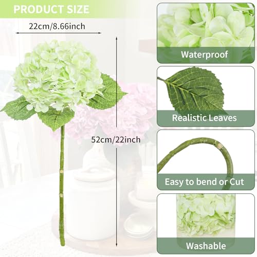LFF 3Pcs Light Green Hydrangea Artificial Flowers, 8.66" Large Real-Touch Latex Blooms with 22" Long Stems, Faux Hydrangea for Outdoor Planter Indoor Home Table Centerpieces Wedding Decor Bouquets - color: Light Green