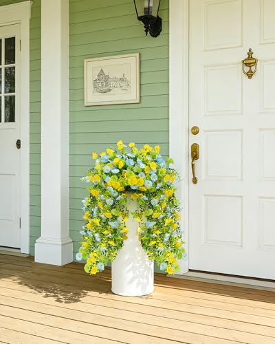 UV Resistant Cascading Artificial Hanging Flowers for Outdoors Decoration,4 Bundles NO Fade Realistic Faux Silk Plants Colorful Morning Glory for Outside Garden Yard Planter Front Porch Decor - color: Blue Green Yellow