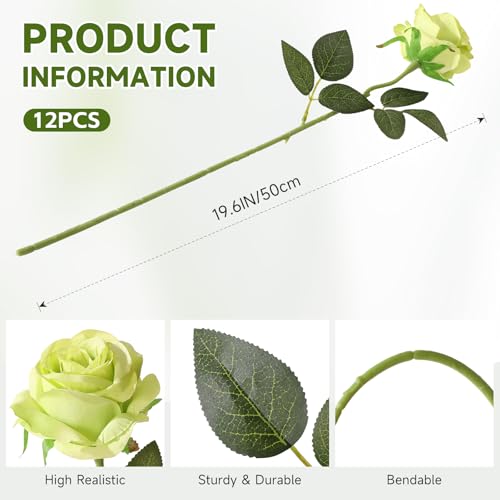 Tifuly Green Roses Artificial Flowers -12Pcs Realistic Single Long Stem Fake Silk Roses Bouquet for Party Home Wedding Centerpiece Hotel Office Decor - color: Green