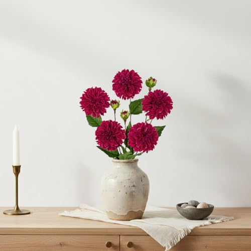 Hollyone Purple-Pink Dahlia Artificial Flowers 5Pcs Fake Dahlia Flowers for Decoration Silk Flower with Long Stem 17" Floral Arrangements Bouquets Indoors Outdoors Faux Dahlias Centerpieces Home Decor - color: Purple-pink