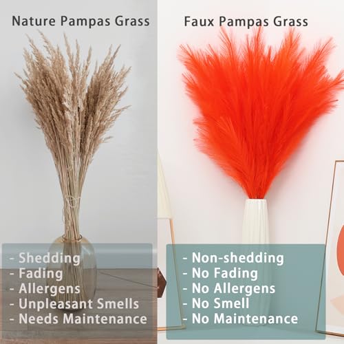 38" 10 Stems Orange Pampas Grass Decor - Tall Faux Pampas Grass for Floor Vase Fluffy Artificial Pampas Grass for Boho Home Wedding Mothers Day Decoration - color: Orange