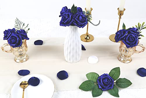 IPOPU Foam Roses,50pcs Royal Blue Glitter Roses Glitter Flowers Foam Flowers with Stem for DIY Wedding Bridal Bouquet Home Party Decoration(Royal Blue) - color: 50pcs Royal Blue