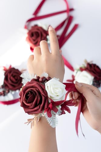 Set of 2 Wrist Corsage Wristlet for Wedding Bridesmaid Mother Grandmother for Bridal Shower Wedding Artificial Roses Flower Prom (Burgundy) - color: Burgundy