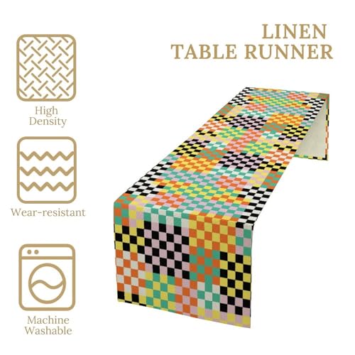 Retro Groovy Hippie Table Runner Vintage Funky Colorful Plaid Geometric Checkered Dinner Runner for Country Farmhouse Kitchen Birthday Party Holiday 36X13inch - color: Checkered-12, size: L36"x W13"