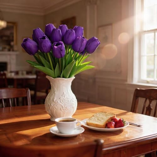 20 Pcs Tulips Artificial Flowers, 13.5'' Real Touch PU Fake Flowers Bouquet for Home Party, Spring Wedding Floral Arrangement, Valentine's, Easter and Mother's Day Decor (Purple) - color: Purple