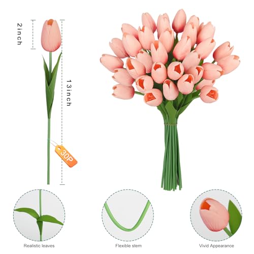 Artificial Tulips Flowers Fake Latex Tulip Stems - 30pcs Real Touch Faux Multicolor Tulips Flower for Easter Spring Wedding Bouquet Centerpiece Floral Arrangement Cemetery Table Decor - color: Coral