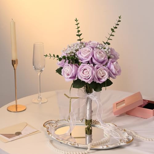 Hawesome 12PCS Artificial Flowers Fake Roses, Realistic Velvet Long Stem Red Roses Bouquet for Wedding Centerpiece Home Decor Party & Valentines (Purple) - color: Purple
