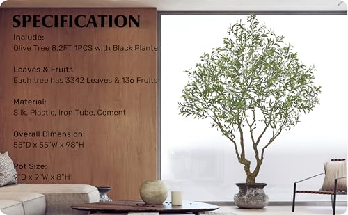 Roselywed Artificial Olive Tree 8.2FT with 3342 Leaves & 136 Olive Fruits Deluxe Tall Large Faux Silk Plant 98 Inch Black Pot for Indoor Home Office Porch Mall Hotel School Decor Housewarming Gift - size: 8.2ft