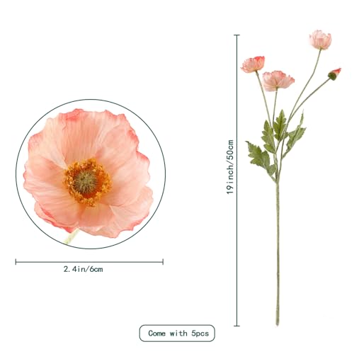 Artificial Poppy Flowers, 5 Bundles Faux Poppies with Stems for Floral Arrangements - Wedding, Home, Office, Party Table Centerpiece Decor (Pink) - color: Pink