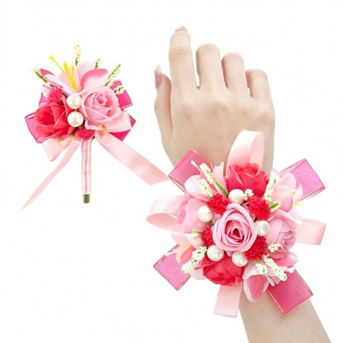 Hot Pink Rose Corsage and Boutonniere Set, Prom Flower Wrist Corsage Wristlet Band Bracelet, Boutonniere for Men Wedding Flowers Accessories Prom Suit Decorations - color: Hot Pink