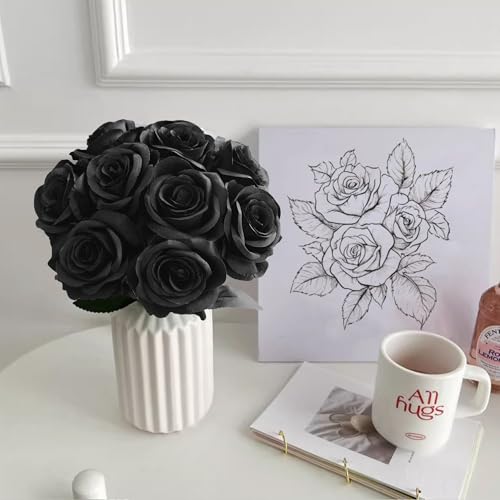10 Pcs Black Rose Artificial Flower, Faux Silk Flowers With Long Stems, Fake Roses Bulk Bouquet for Decoration Valentine's Day Centerpieces Proposal Bridal Bouquets Shower Party Home Floral Decor - color: Black