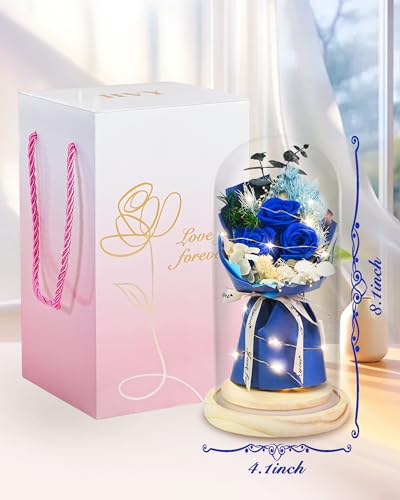 HVY Preserved Real Flowers Bouquet Gifts for Her,Forever Flowers Gift for Women,Preserved Blue Rose in Glass Dome with LED Light Ideal for Christmas,Birthday,Anniversary,Valentine's Day, Mother's Day - color: Blue Rose