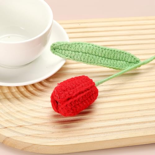 MECCANIXITY Tulip Crochet Flowers, Artificial Knitted Tulip Flower Completed Handmade Tulips Bouquet for Gift Home Birthday Wedding Decoration, Red Pack of 10 - color: Red
