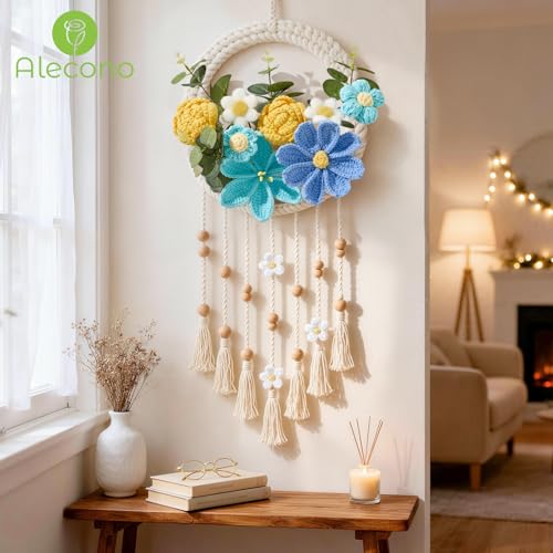 Alecono Crochet Flower Bouquet, Blue and Yellow Handmade Knitted Flowers, Crochet Tulips Galsang Flower for Lover Anniversary Birthday Mother's Day Graduation Gifts (with Card) - color: Light Blue, Yellow, size: Large
