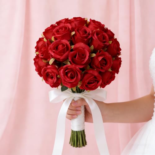 Jasion Artificial Roses Fake Flowers 12 Heads Arrangement Silk Bouquet for Home Office Parties Bridal and Wedding Decoration Without Vase (Red) - color: Red New