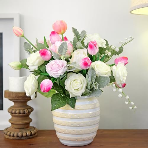 FiveSeasonStuff Real Touch Tulips Artificial Flowers – 15 Stems Faux Tulip Bouquet in Gift Box for Wedding, Home Decor, Party, Floral Arrangements (Creamy Pink) - color: #5 Creamy Pink