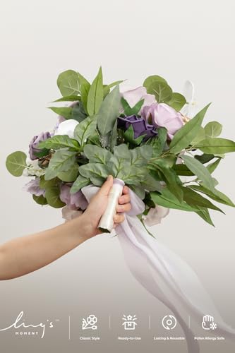 Ling's moment Lilac Wedding Bouquets for Bride, Purple Bridal Bouquets for Bride, 15 Inch Free Form Artificial Wedding Flower Bouquet - color: Prpl-lilac & Gold, size: Medium 15 Inch