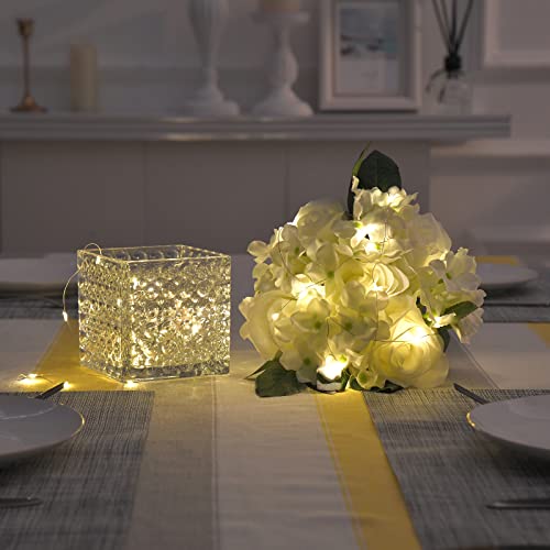 Fule Artificial Silk Rose Flower Centerpiece Arrangement in Glass Vase with LED Light for Home Wedding Decoration (Spring White) - color: Spring White