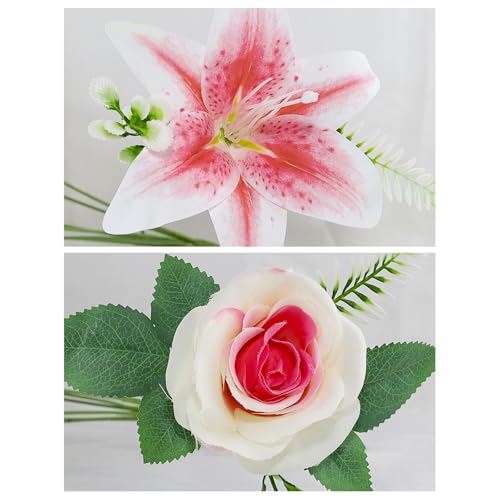 2 Set Artificial Cemetery Flowers with Grave Vase-2 Bunches Lilies & Rose Mixed Pinkish Silk Memorial Flowers-2 Cemetry Vase with Foam for Outdoor Headstones Gravesite Graveyard Decorations - color: Pinkish