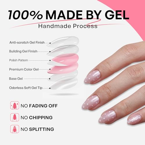32Pcs Soft Gel Press on Nails for Women, Pink Polka, Short Almond | Cute Coquette Polka False Fake Nails Press Ons for Girly Valentine Date, Salon Quality Reusable Glue & Stick on Nail Gift Kit - color: 3F-Pink Polka