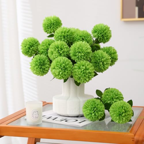 Floweroyal 24pcs Green Flowers Artificial Chrysanthemum Ball Silk Hydrangea Flowers Bridal Wedding Bouquet for Home Garden Party Office St Patricks Day Decor - color: Green-24pcs
