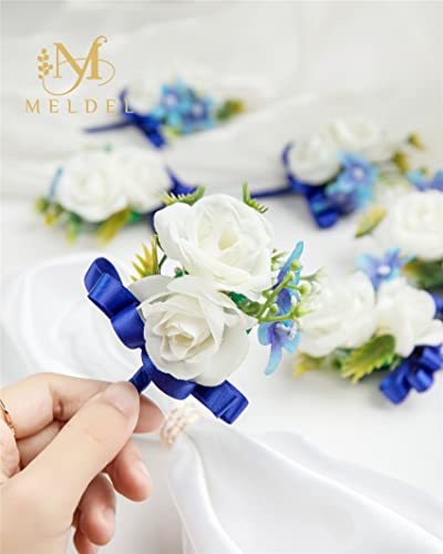 6Pcs White and Blue Faux Silk Boutonnieres for Men Wedding Prom | Artificial Silk Flowers with Blue Ribbons for Groom Groomsman Wedding Homecoming Prom Anniversary Formal Party - color: Blue1# Boutonniere(6 Piece)