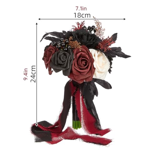 Wedding Bouquets for Bride and Bridesmaid - Black and Burgundy Gothic Bridal Flowers, Artificial Rose Bouquet - color: Red Black Rose