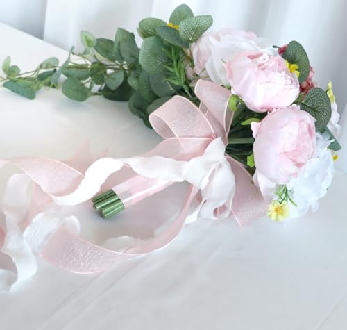 9.8 Inch Cascading Bridal Bouquet Waterfall Cascade Wedding Bouquet Bride with Artificial Rose Peony Flower Rustic Boho Wedding Ceremony Bouquet Pale Pink and White - color: Pale Pink & White
