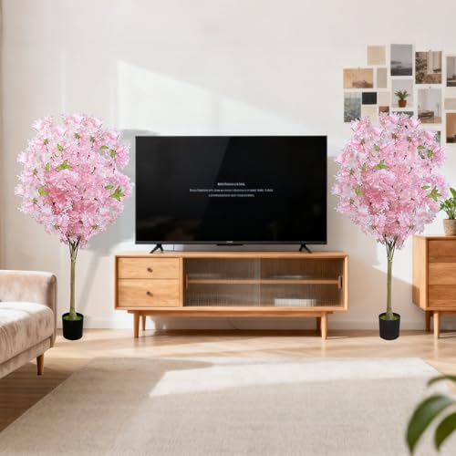 2 Pack Artificial Cherry Blossom Tree,4FT Faux Cherry Blossom Plant in Pot with Pink Flowers,Artificial Silk Plants for Indoor Outdoor Decor,Front,Living Room,Office,Patio - size: 2Pack 4FT