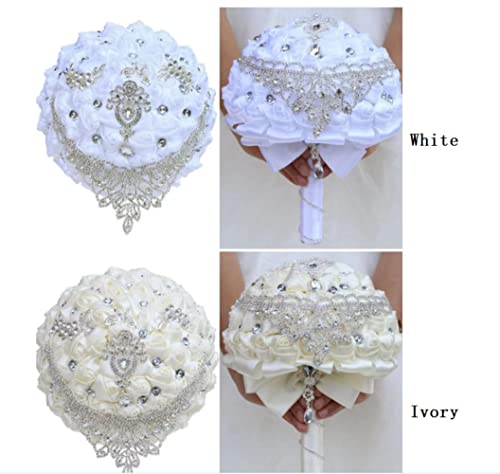 Handmade Luxury Wedding Bridal Bouquet Large Silk Rose Holding Toss Artificial Flowers Bouquets with Satin Ribbon Pearls Rhinestone for Bride Vintage Royal Wedding Bouquet Decor(Ivory) - color: Ivory