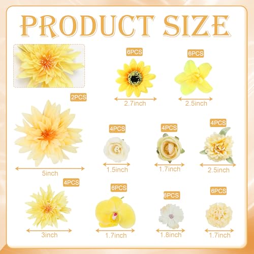 LACGO 48 PCS Fall Fake Flowers Heads - Artificial Flower Heads Bulk Silk Faux Flower for Crafts Cake Blossom Wreath Garland Bouquets for Crafts Wedding Bridal Party Baby Shower Home Decoration(Yellow) - color: Yellow