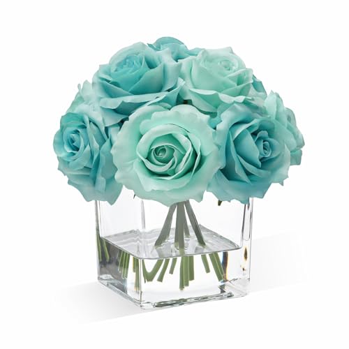 WELL KNOWN Rose Artificial Flowers in Vase with Faux Water, Silk Rose Table Centerpieces for Home Coffee Table Decor, Fake Roses Flower Arrangements for Office Hotel Lavatory Decor (Light Teal Blue) - color: Light Teal Blue
