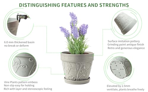 Melphoe Plant Pots Indoor with Drainage & Saucer, 2Pack 7 inch Flower Pots Outdoor Planters for Indoor Plants Garden Home Decor Cactus Succulent, Rigid Plastic (Imitation-Terracotta) Vine-Embossed - color: Cement Grey Color, size: 7''