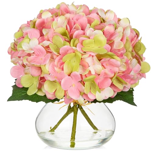 Hollyone Hydrangea Artificial Flowers with Glass Vase Pink-Green Silk Faux Flowers Arrangements in Vase with Faux Water Fake Floral Bulk Bouquet for Home Decor Table Centerpiece Decorations - color: Hydrangea, Pink-green