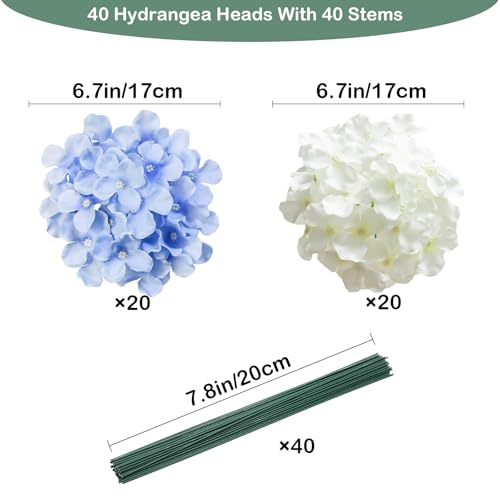 Hydrangea Artificial Flowers, 40 Pcs White And Blue Hydrangea Artificial Flowers Bulk, Faux Hydrangea Flowers for Outdoor, Fake Silk Ivory Hydrangea Flowers with Stems for Wedding Decoration Decor - color: White Blue, size: 40 Pcs