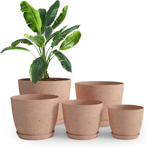 Utopia Home - Spotty Plant Pots Indoor with Drainage - 7/6.6/6/5.3/4.8 Inches Flower Pots - 5 Pack Plastic Planters - Ideal for Stocking Stuffers - (Speckled Peach Pink, Pack of 5) - color: Speckled Peach Pink, size: Pack of 5
