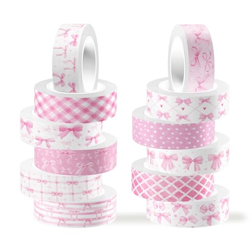 12 Rolls Pink Bow Washi Tape, Bowknot Plaid Adhesive Masking Tapes Decorative Pink Coquette Paper Tape for Scrapbook Journal Planners DIY Art Crafts Gift Wrapping 16.4FT - color: R