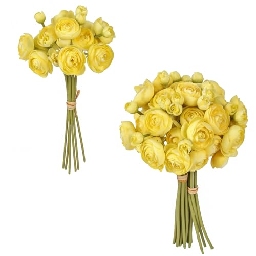IPOPU Artificial Ranunculus 2 Bouquets Small Yellow Artificial Flowers 12PCS Faux Ranunculus Flowers for Vase Filler Bouquet Wedding Decor Bridal Shower Floral Filler Flowers Centerpieces (Yellow) - color: Yellow