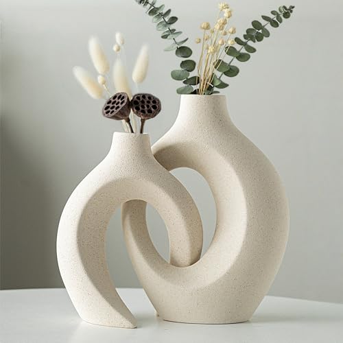 Levvohd Hollow Ceramic Vase Set of 2, Modern Nordic Minimalist Book Style Boho Aesthetic Vases for Home Decor Living Room Shelf Entryway Coffee Centerpiece Table Decorative (Cream White) - color: Off White - Round Hollow