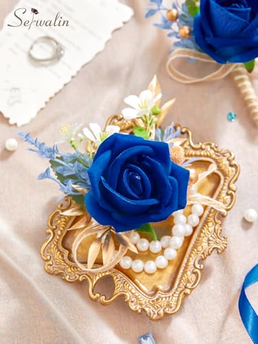 Serwalin 6 PCS Royal Blue Wrist Corsage for Wedding, Artificial Silk Rose Flower Corsage Wristlet Décor for Prom Homecoming Party, Prom Corsage for Bride Bridesmaids Mothers of the Bride and Groom - color: Royal Blue, size: Corsage 6pcs