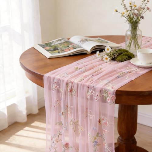 Pink Floral Table Runner 10ft Embroidery Tulle Spring Wildflower Table Runner Seasonal Summer Butterfly Kitchen Dining Gauze Decoration for Baby Shower Wedding Party Birthday (1 Pcs) - color: Pink