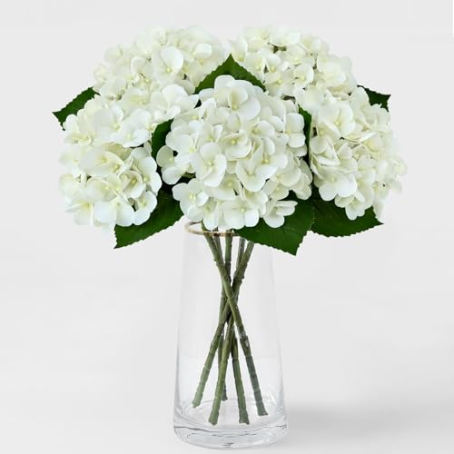 ZYTUYO 5PCS White Hydrangea Artificial Flowers Small Fake Latex Real Touch Hydrangeas Flowers with Stems Faux Silk Bouquet for Home Decor Table Wedding Party Outdoor Centerpieces - color: White
